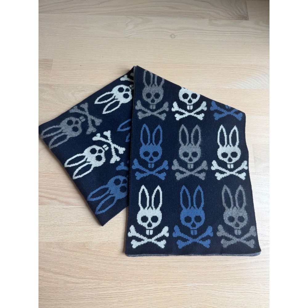 Psycho Bunny Robert Godley 100% Cashmere Scarf Navy Blue Logo Intarsia Knit